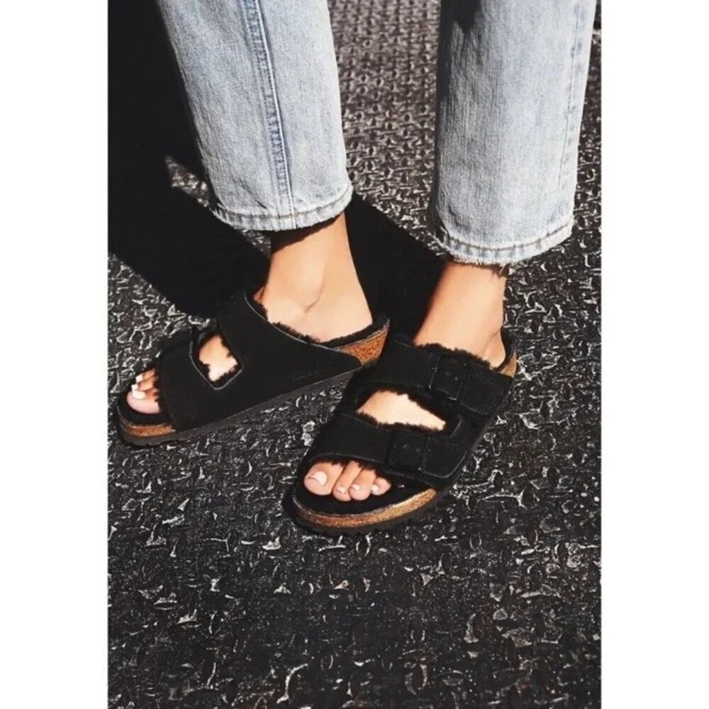 Birkenstock Arizona Black Suede Slides Shearling Fur Lined Black Buckle 37 Us 6